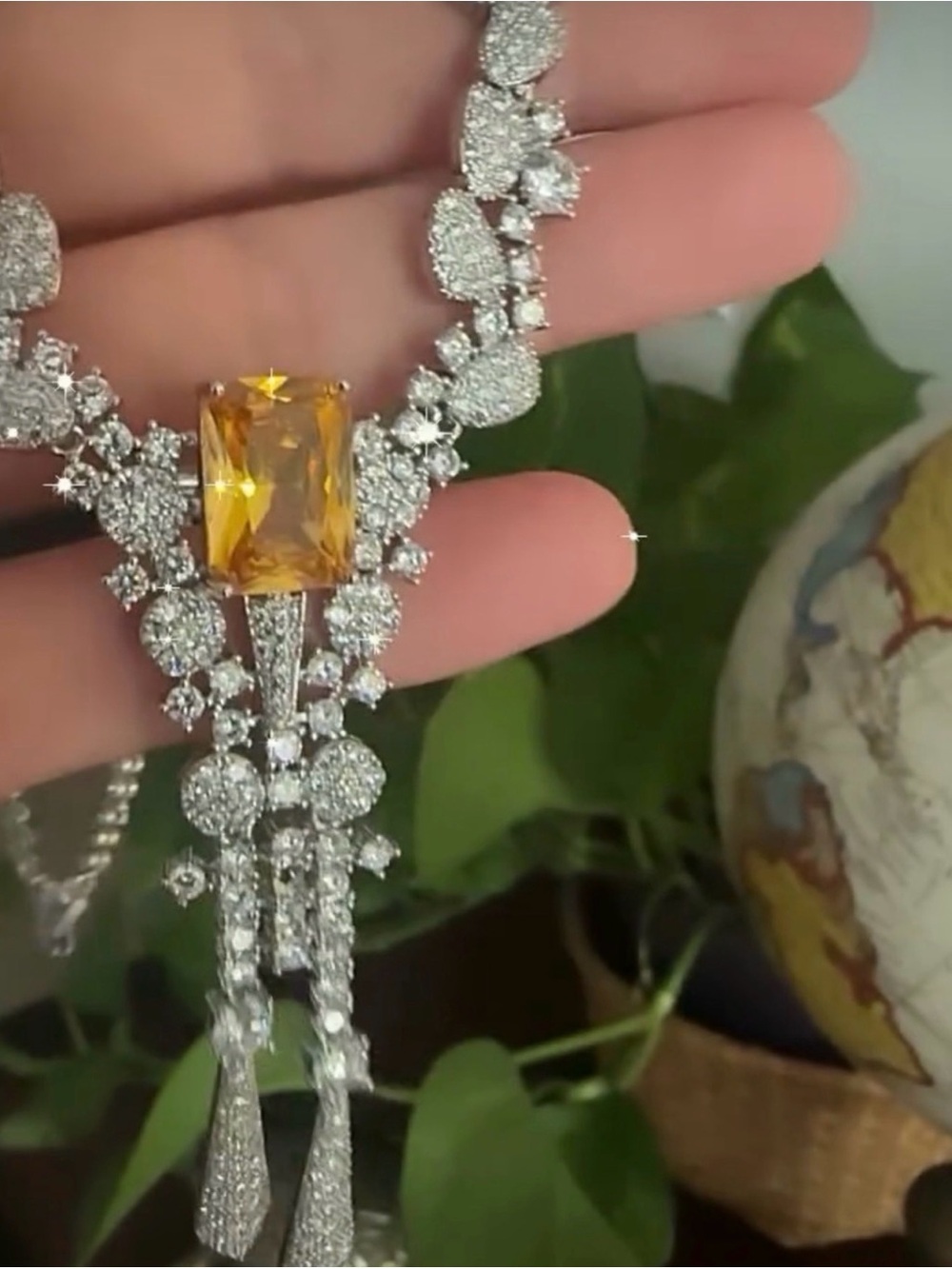 Yellow Crystal Statement Necklace with Clear Accents